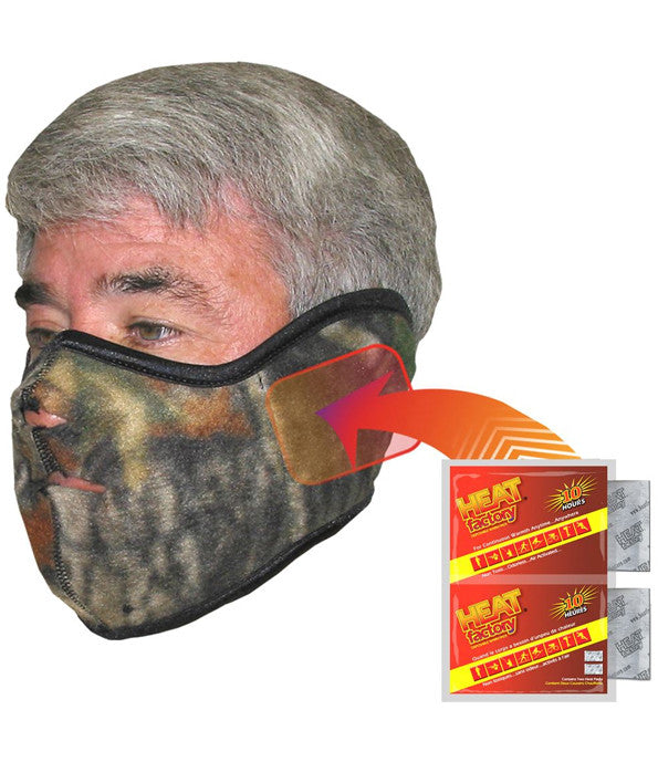 Heat Factory Camo Fleece Face Mask will keep your face protected while outdoors. Two pockets are sewn over the ears, designed to hold warmers. Each Heat Factory Warmer provides up to ten hours of heat. Secured adjustable Velcro attachment strap in the back. Made in USA