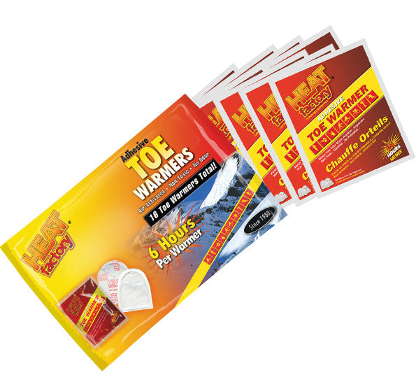 Toe Warmer Big Pack offers 8 pair adhesive toe warmers that can be worn in any shoe or boot. Simply peel off adhesive backing, stick warmer to bottom of sock under toes, and enjoy 6 hours of cozy heat. Disposable Warmers, Warmers, Hot Packs, heat packs, Portable Handwarmers, Pocket Warmers, body warmers, Toewarmers, , Adhesive toe warmers. hot pockets, Footwarmers, adhesive warmers, feet warmers, warm packs, Heat Factory