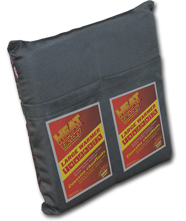 Heated Heat Factory cushion is great for sitting in Tree stands or use on Stadium Seats. The cushion has a water resistant bottom and a durable top with two pockets for large Heat Factory warmers. Includes 2 Heat Factory Large Warmers. Made in USA