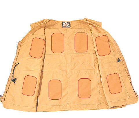 Tan Cool Vest is made of light weight cotton poly fabric with an adjustable drawstring waist and a front zipper closure. Machine washable. Freeze cool packs for 4 hours. Place cool packs into vest pockets (4-6 are usually enough). Put on vest and adjust the drawstring. Feel the coolness! Includes 6 Cold Packs.
