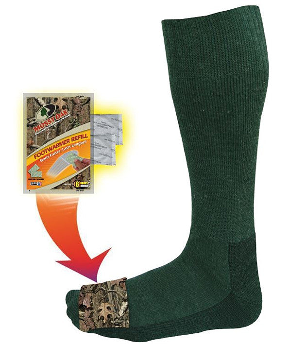 Heat Factory’s Sportsman’s Mid Calf Sock is the preferred choice of hunters and fishermen. Heat Factory’s wool blend mid calf sock features a pocket over the toes to hold Heat Factory Foot Warmers. Each pair of socks includes one pair of Heat Factory Footwarmers.