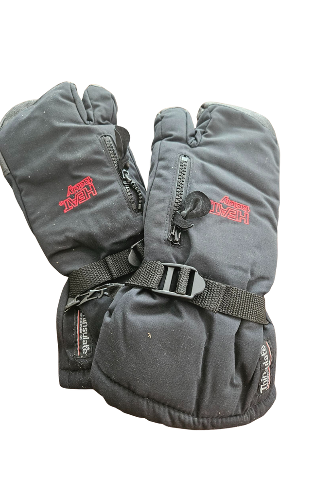 Pair of gray winter mittens with red logo on a white background